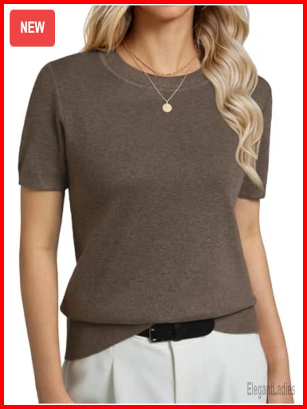 Wool Blend Short Sleeve Knit Sweater Crew Neck Relaxed Fit Business Casual